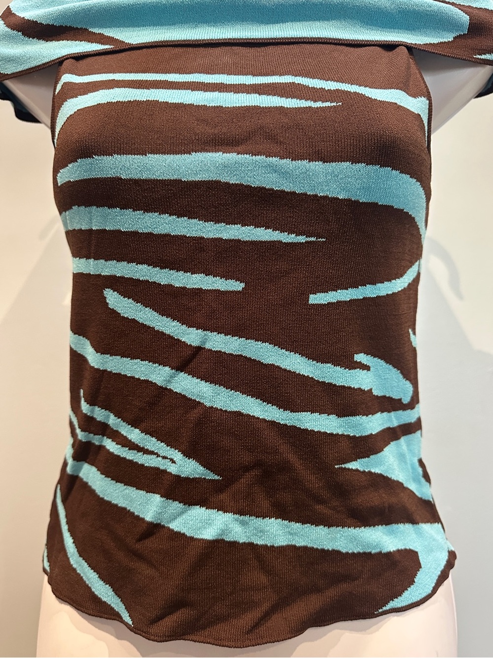 Venini Petite Blue and Brown Y2K Off Shoulder Top Blouse Asymmetrical Size PP - Picture 6 of 11